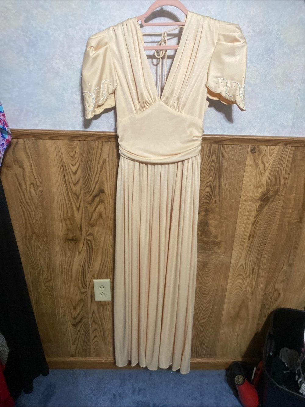 Vintage Alicia Cream/Beige Gown with Padded Shoulders and Beaded Details Size 10